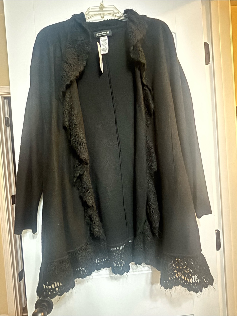 Black Open-Front Cardigan with Crochet Trim